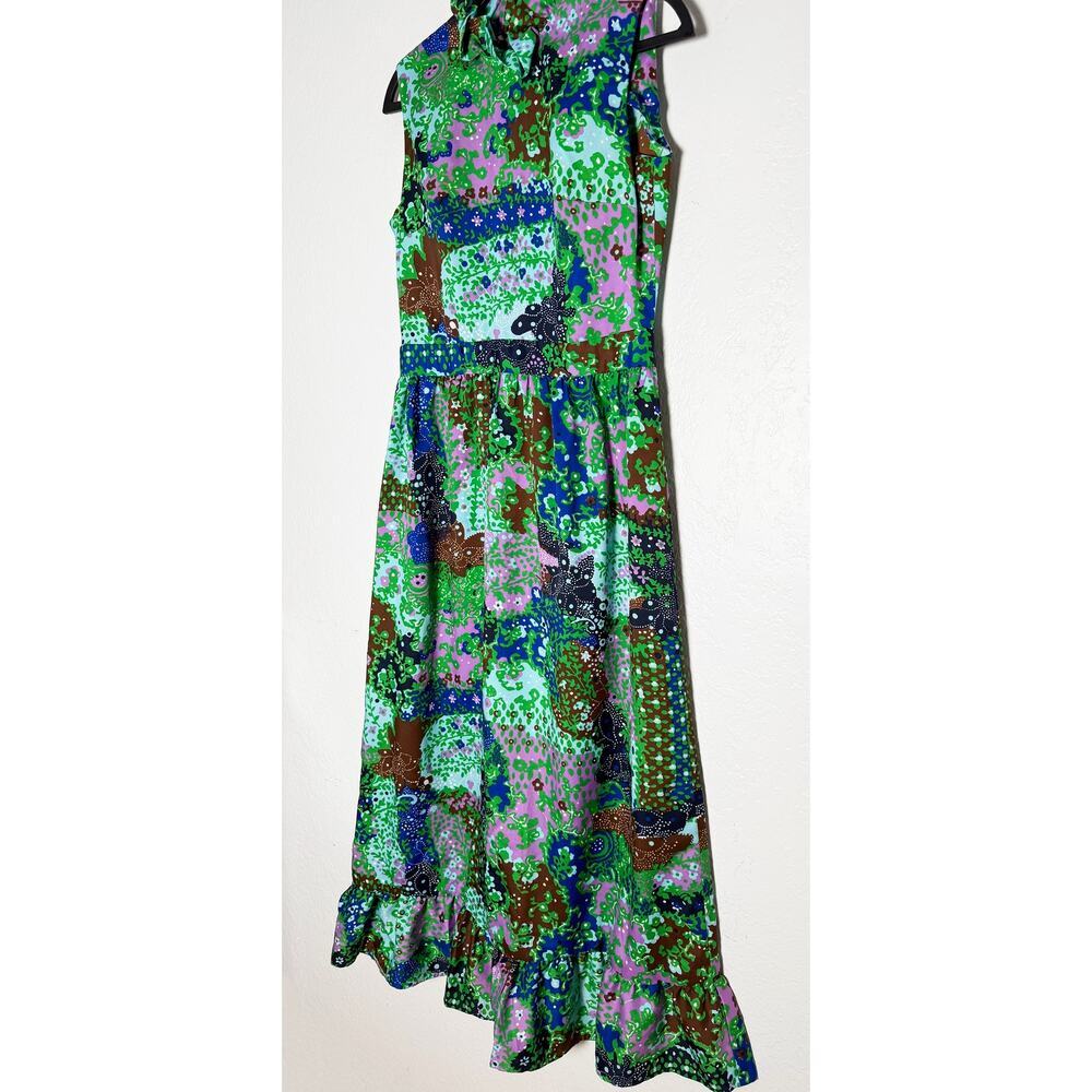 Vintage Andrea Gayle Women's Sleeveless Maxi Dress Ruffle Trim Green Blue Floral - Picture 4 of 9